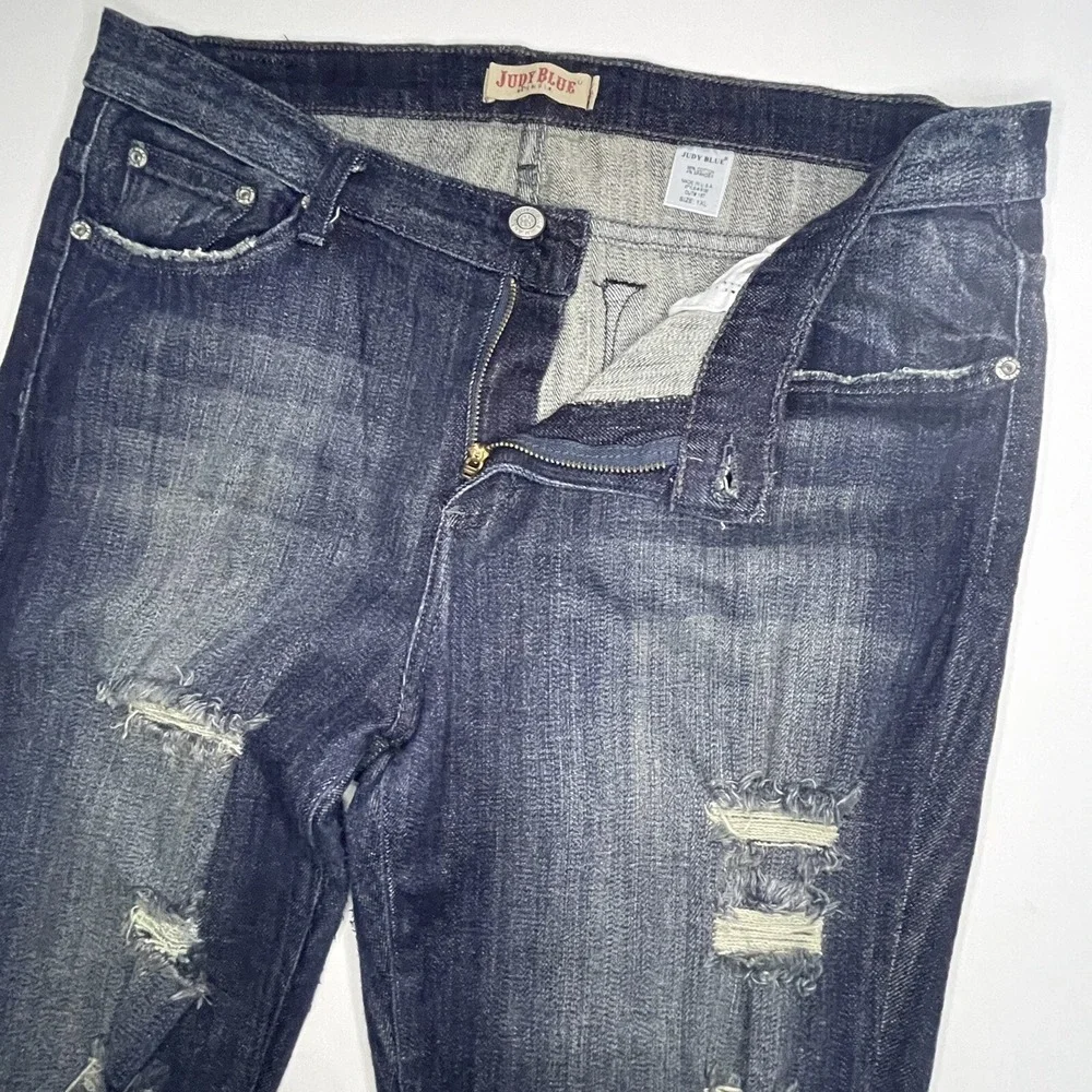 Judy Blue Jeans Women 1X Blue Denim Straight Medium Wash Distressed Destroyed